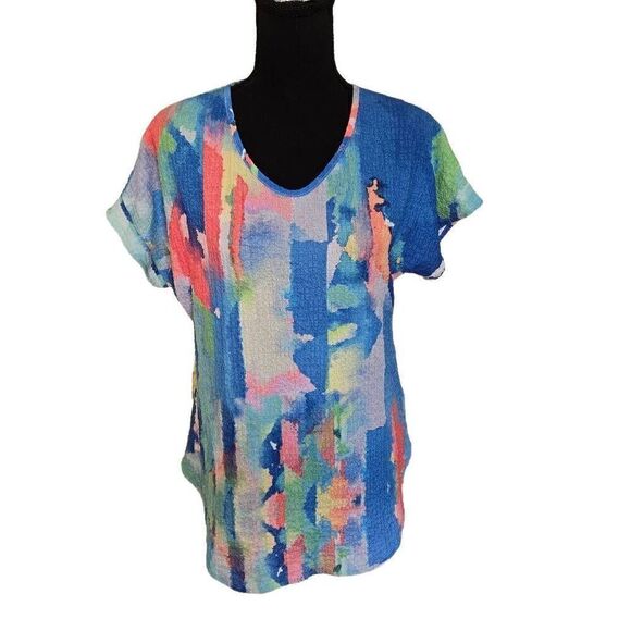 Ethyl Clothing Womens V Neck Structured Multi Colored Short Sleeve T Shirt XS - Picture 1 of 11